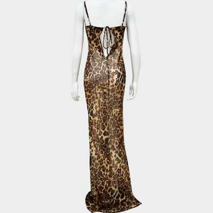 Leopard print cowl neck sheer mesh cami maxi dress