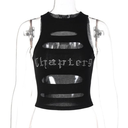 Sleeveless crewneck hollow out beaded contrast crop cut out top