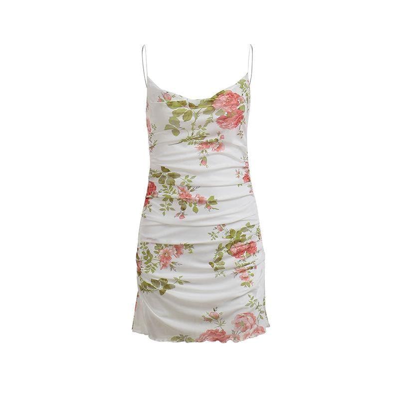 Cowl neck sheer mesh flower print ruffle cami mini dress