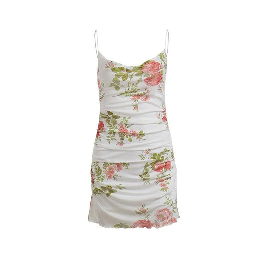 Cowl neck sheer mesh flower print ruffle cami mini dress