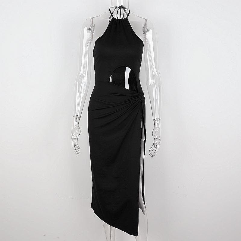 Halter Neck Circular Cutout Ruched Side Slit Maxi Dress