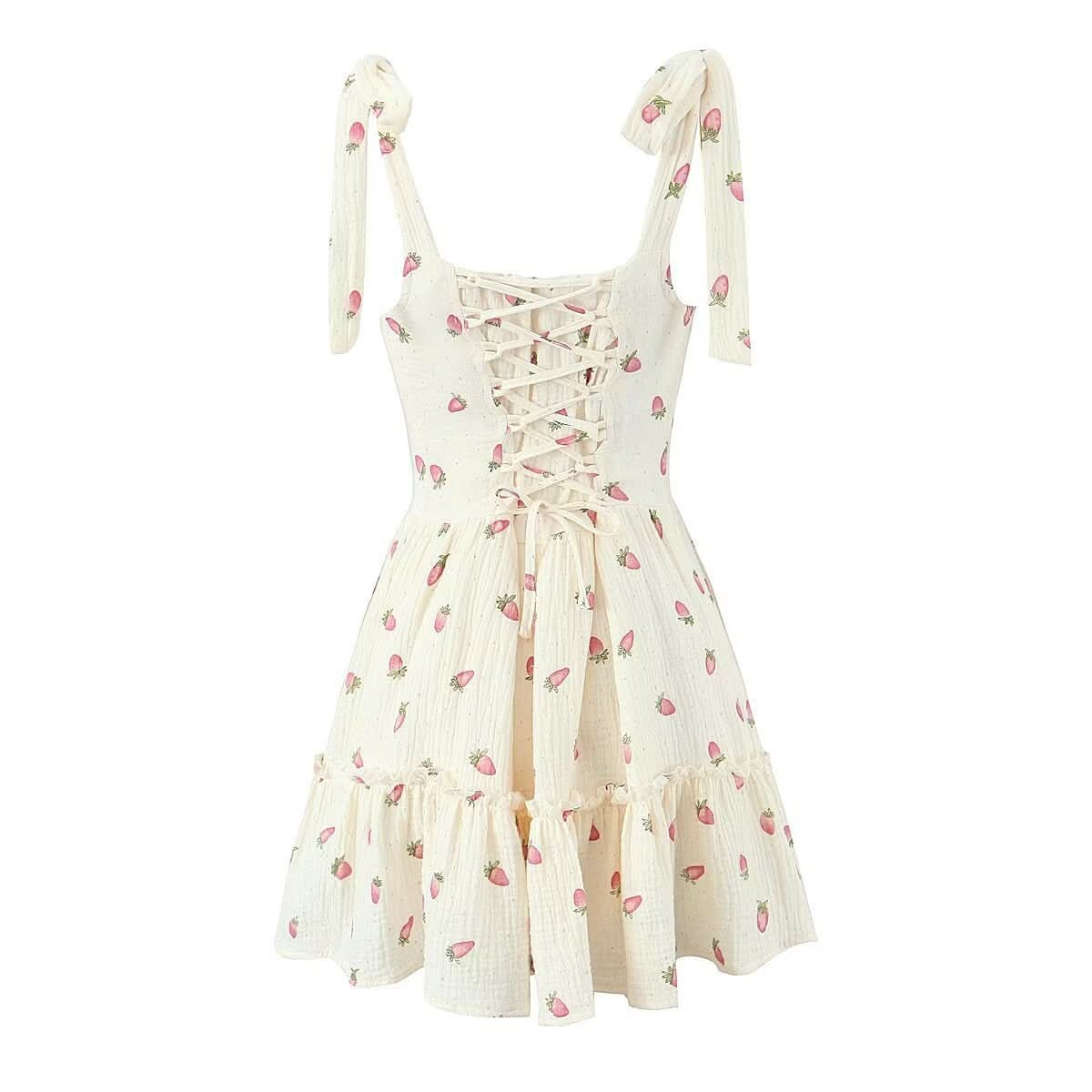 Square neck strawberry print lace up cami mini dress