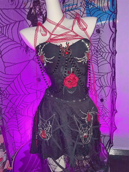 Spider pattern beaded lace hem cami top