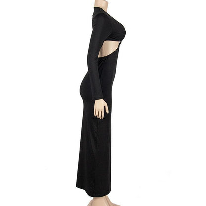 Solid o ring long sleeve v neck hollow out cut out maxi dress