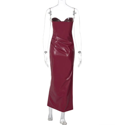 Slit zip-up PU leather pleated tube midi dress