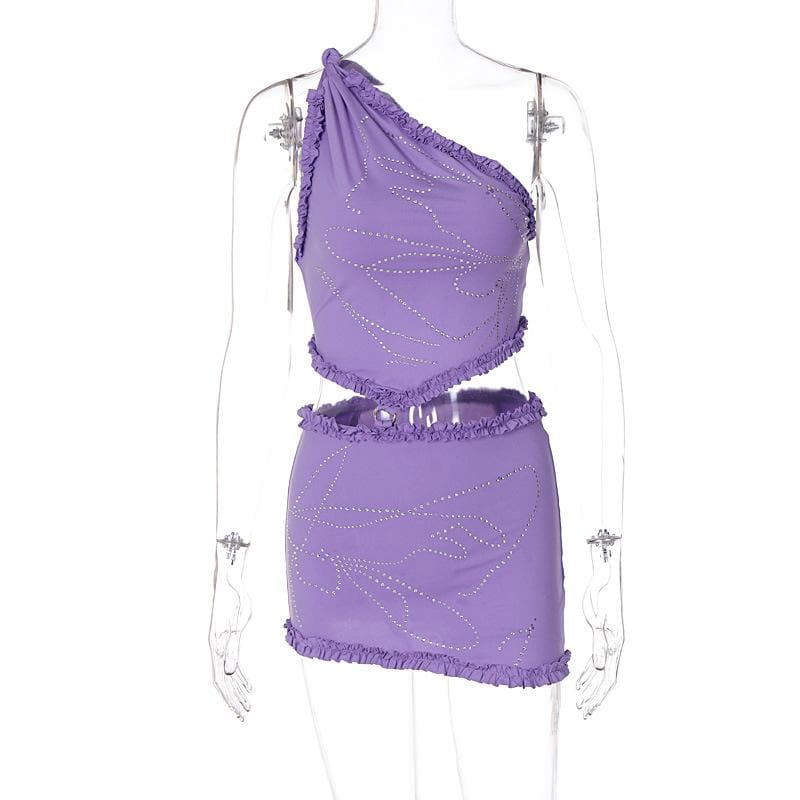 Sleeveless one shoulder ruffle beaded mini skirt set