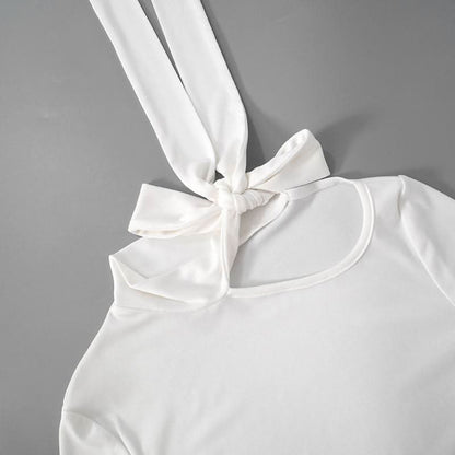 Hollow out bowknot self tie long sleeve solid cut out top