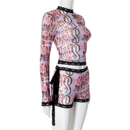 Long sleeve lace hem abstract print self tie short pant set