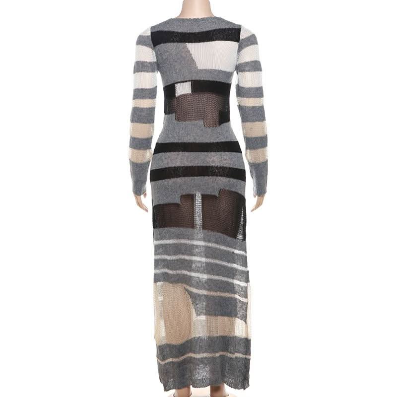 Crewneck long sleeve knitted striped print maxi dress