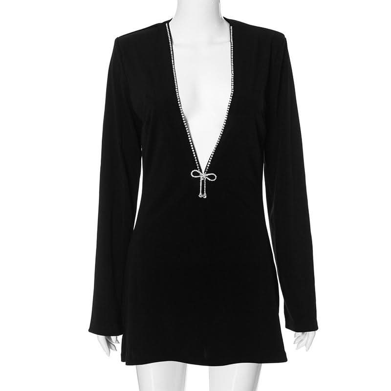 V neck long sleeve beaded mini dress