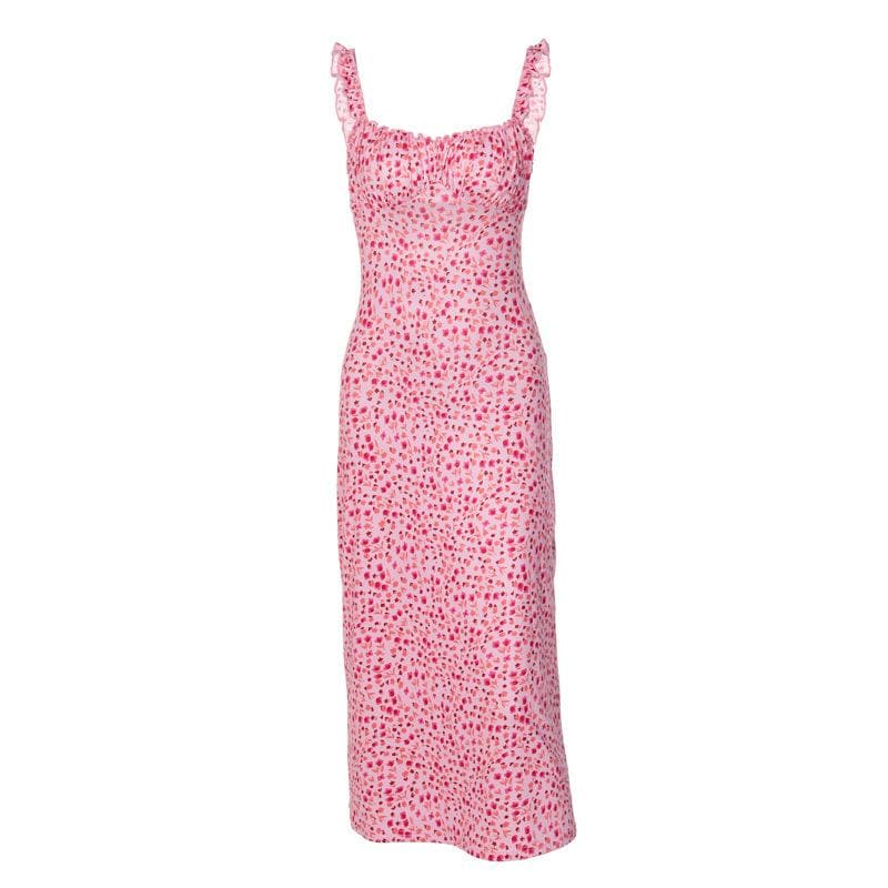 Ruffle Strap Ruched Bust Ditsy Floral Bodycon Midi Dress