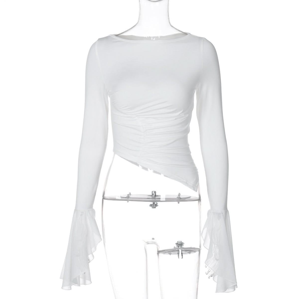 Long flared sleeve crewneck irregular solid top