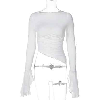 Long flared sleeve crewneck irregular solid top