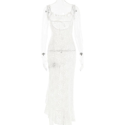 Lace see through self tie solid backless slit maxi dress