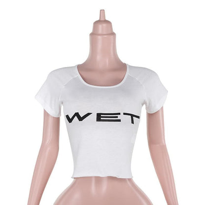 Short sleeve “WET” ruffle u neck top
