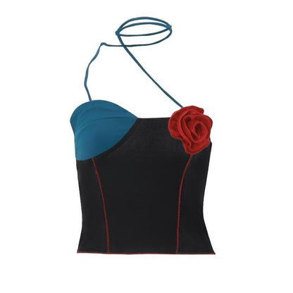 Flower applique patchwork irregular halter stitch crop top
