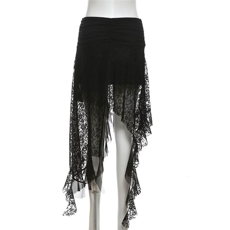 Lace mesh patchwork ruched ruffle midi skirt