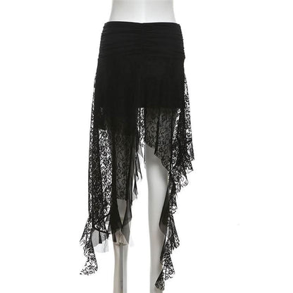 Lace mesh patchwork ruched ruffle midi skirt