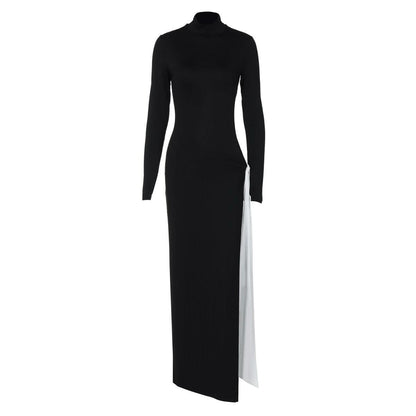 High neck long sleeve hollow out slit knotted cut out maxi dress-final-sale