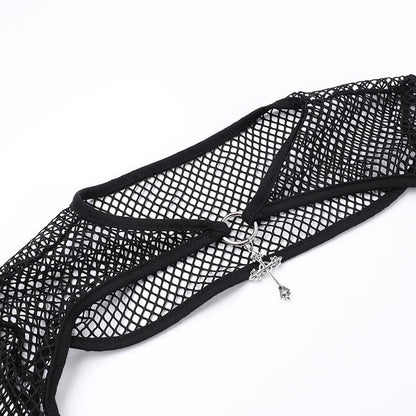 Long sleeve fishnet shrug cross applique 2 piece top