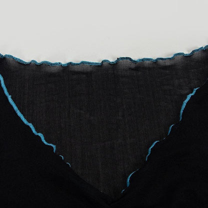 Long sleeve stitch sheer mesh ruffle crop top
