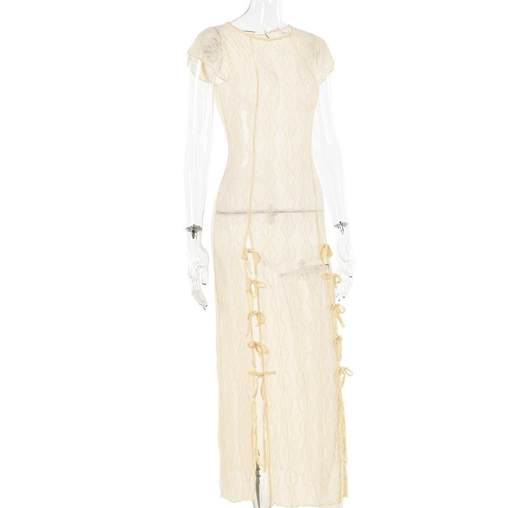 Sheer Diamond Mesh Cap Sleeve Side Bow Tie Slit Maxi Dress