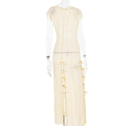 Sheer Diamond Mesh Cap Sleeve Side Bow Tie Slit Maxi Dress