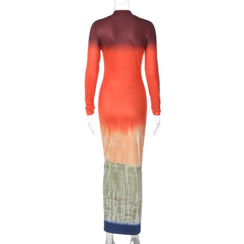 Tie dye print long sleeve high neck contrast maxi dress-final-sale