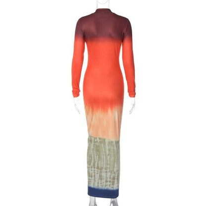 Tie dye print long sleeve high neck contrast maxi dress-final-sale
