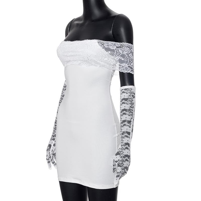Off shoulder gloves patchwork lace mini dress
