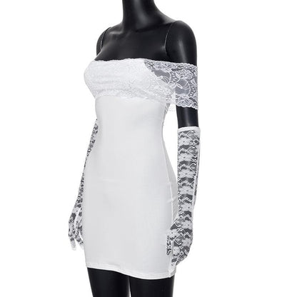 Off shoulder gloves patchwork lace mini dress