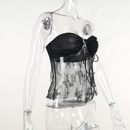 Sweetheart neck solid lace hem backless lace up tube top