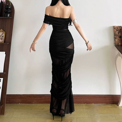 Off shoulder ruched mesh maxi dress