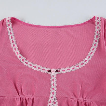 Ruffle long sleeve u neck lace hem slit contrast crop top
