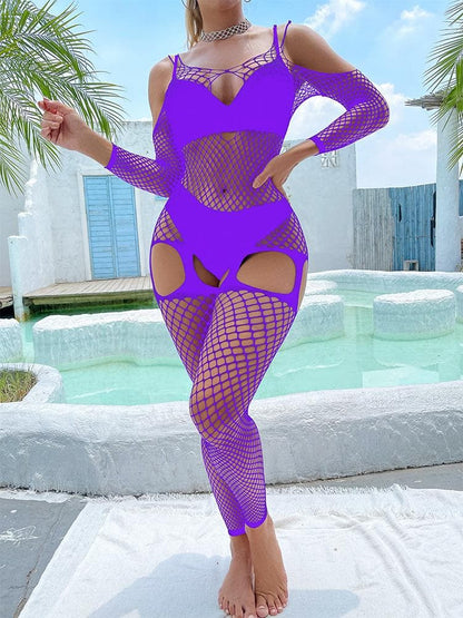 Fishnet hollow out off shoulder open crotch bodystocking