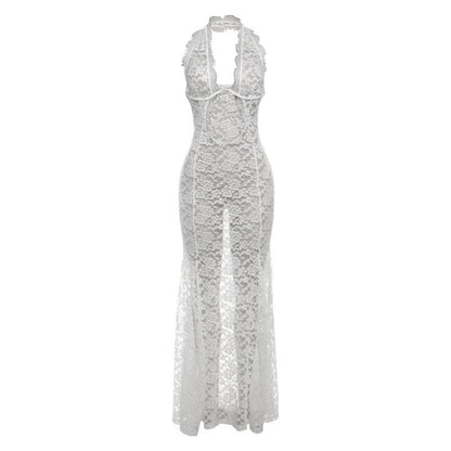 Halter lace see through hollow out cut out maxi dress-final-sale