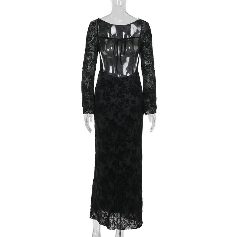 Round neck long sleeve self tie flower print maxi dress