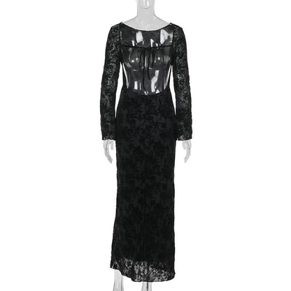 Round neck long sleeve self tie flower print maxi dress