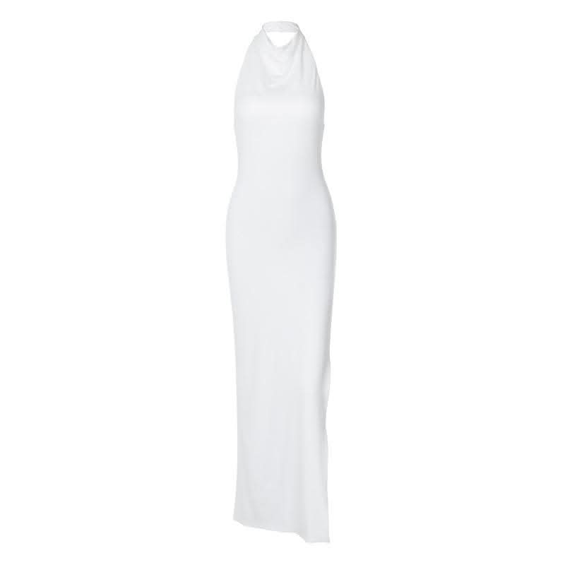 Slit halter sleeveless solid backless ruched maxi dress-final-sale