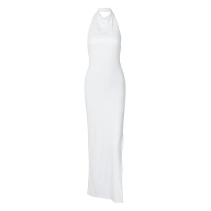 Slit halter sleeveless solid backless ruched maxi dress-final-sale