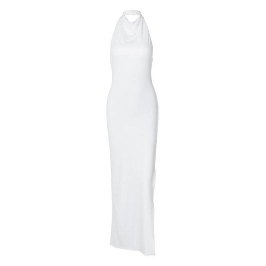 Slit halter sleeveless solid backless ruched maxi dress-final-sale