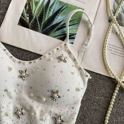 Beaded v neck padded backless cami top