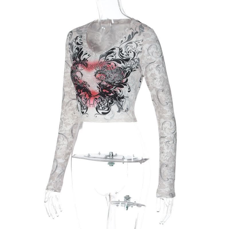 Abstract contrast long sleeve round neck crop top-final-sale