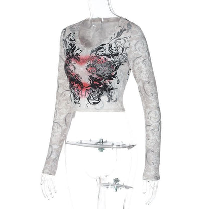 Abstract contrast long sleeve round neck crop top-final-sale