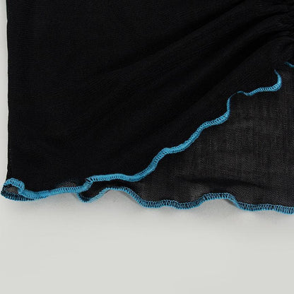Long sleeve stitch sheer mesh ruffle crop top