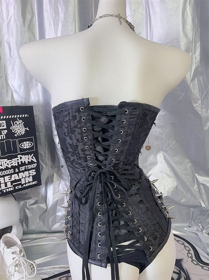 Skull metal chain PU leather lace up rivet tube top