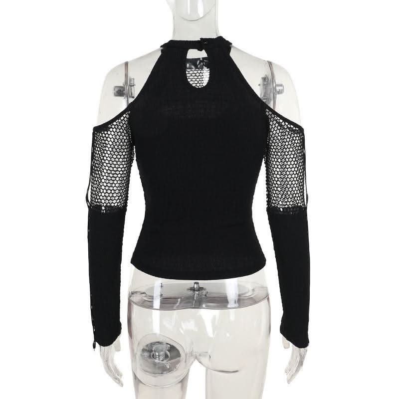 Off shoulder long sleeve fishnet patchwork buckle top