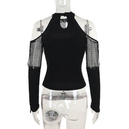 Off shoulder long sleeve fishnet patchwork buckle top