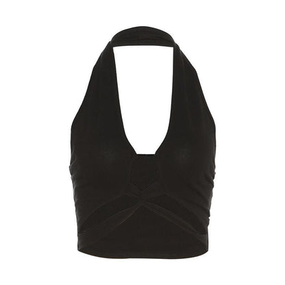 Hollow out halter backless solid cross front crop cut out top