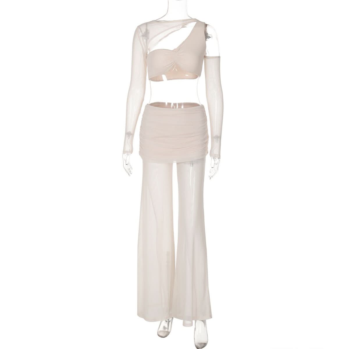 Long sleeve mesh patchwork ruched maxi skirt set